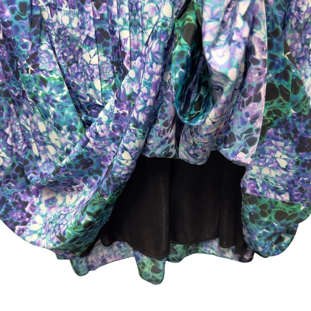 Silky Satin Matte Knit Watercolor Pleated Floral Full Flare Mini Skirt